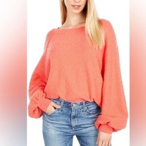 Free People Vibrant Coral Balloon Sleeve Boyfriend Sweater